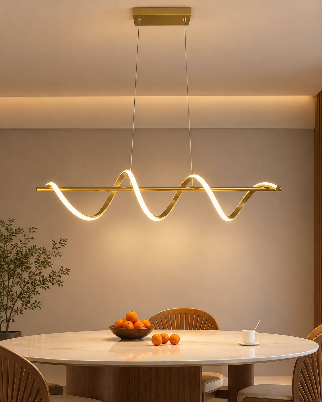 Lustre dourado aceso com iluminação embutida na parede